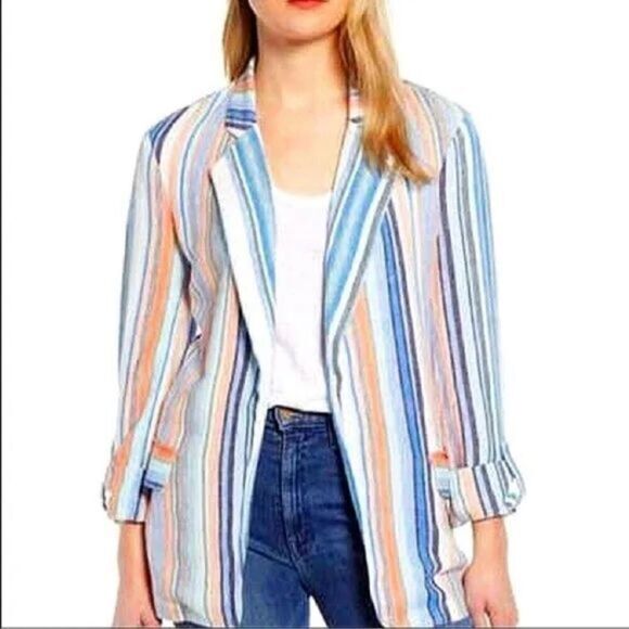 Caslon Linen Blazer Jacket sz M Striped Boyfriend Fit NEW - Picture 1 of 8